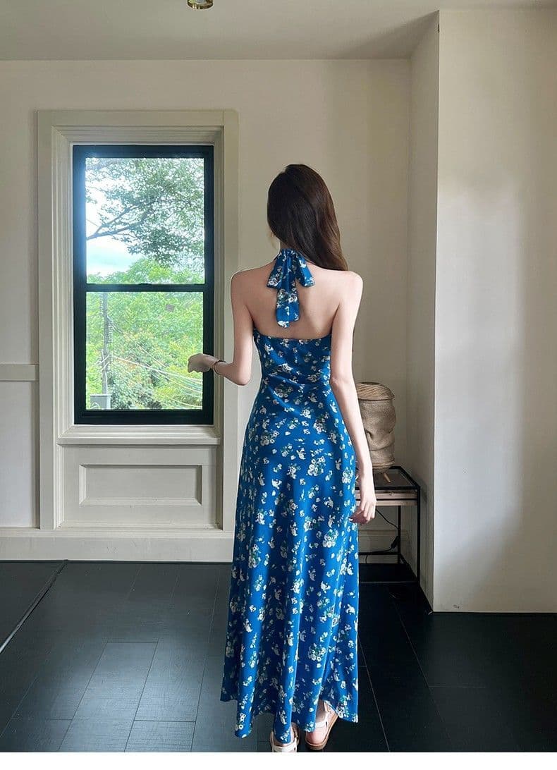 프랑스식 파란색 행침 목 슬립 꽃무늬 드레스 아이들 여름 2025 새로운 작은 키 품격 허리 수축 롱 스커트 상세 이미지 18
