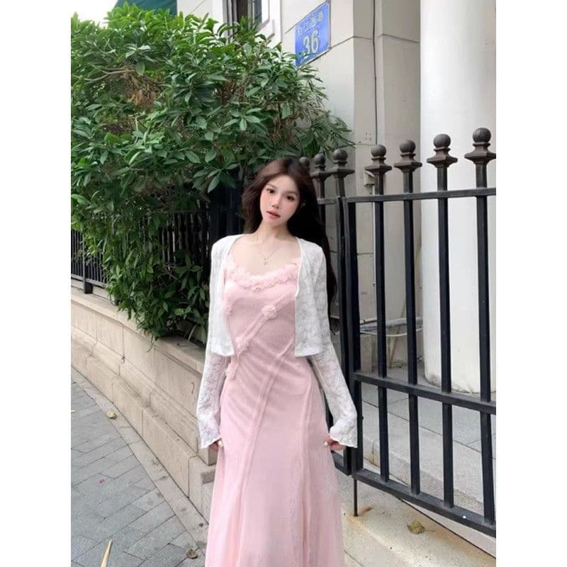 프랑스식 디자인 센스 핑크색 3 차원 꽃 슬립 여성 드레스 여름 새로운 허리 수축 슬림해 보이는 휴가 길다 치마 이미지 5
