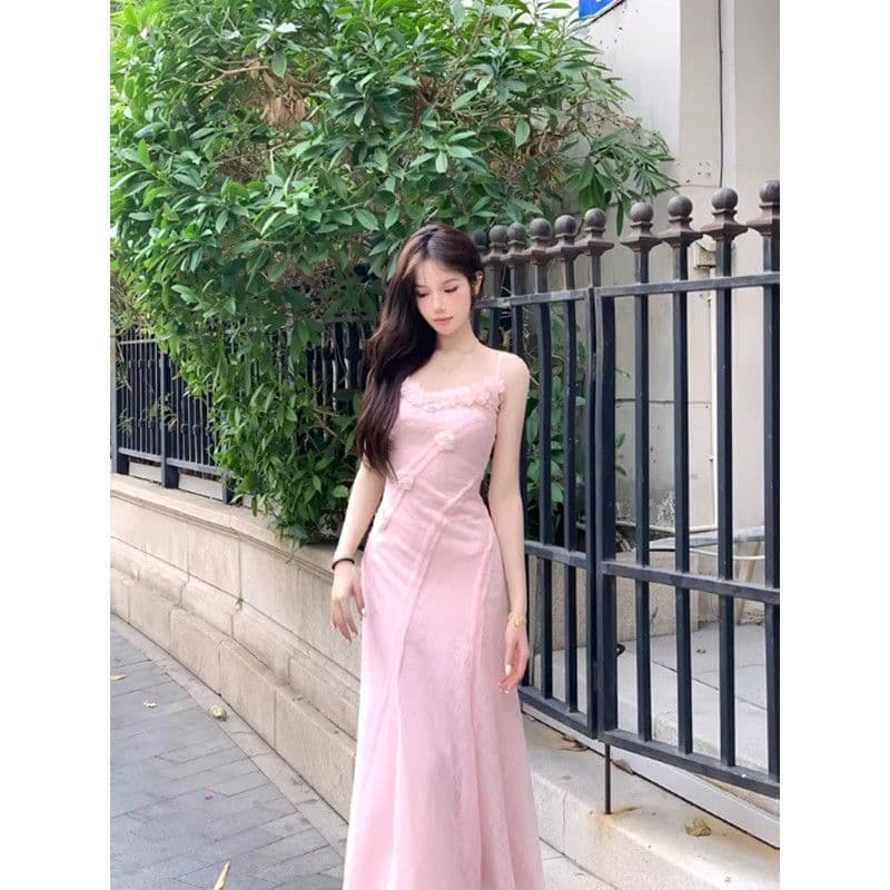 프랑스식 디자인 센스 핑크색 3 차원 꽃 슬립 여성 드레스 여름 새로운 허리 수축 슬림해 보이는 휴가 길다 치마 상세 이미지 4