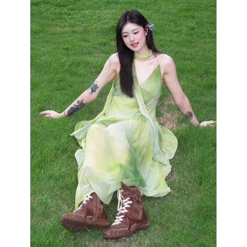 해변가 휴가 바람 작은 대중 Chic 홀치기 염색 슬립 여성 드레스 여름 녹색 신선함 품격 빅 플레어 스커트 롱 스커트 이미지 3