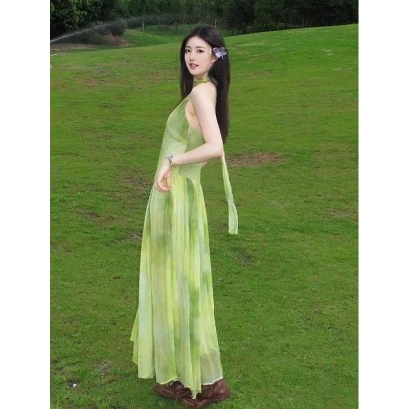 해변가 휴가 바람 작은 대중 Chic 홀치기 염색 슬립 여성 드레스 여름 녹색 신선함 품격 빅 플레어 스커트 롱 스커트 이미지 2