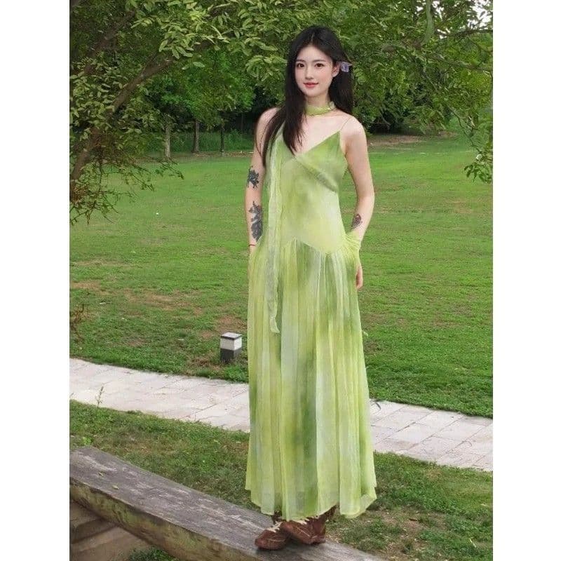해변가 휴가 바람 작은 대중 Chic 홀치기 염색 슬립 여성 드레스 여름 녹색 신선함 품격 빅 플레어 스커트 롱 스커트