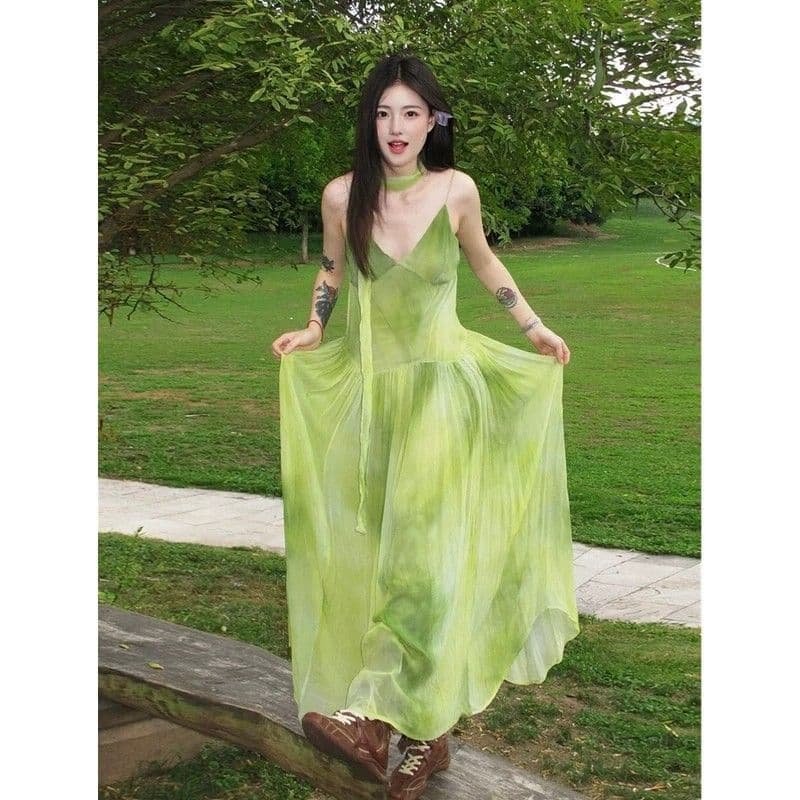 해변가 휴가 바람 작은 대중 Chic 홀치기 염색 슬립 여성 드레스 여름 녹색 신선함 품격 빅 플레어 스커트 롱 스커트 상세 이미지 4