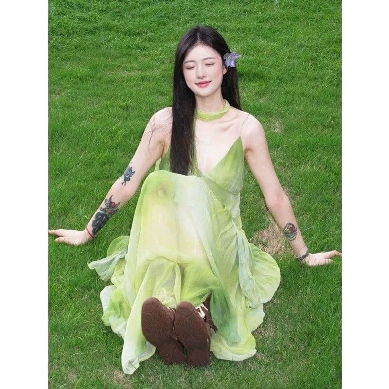 해변가 휴가 바람 작은 대중 Chic 홀치기 염색 슬립 여성 드레스 여름 녹색 신선함 품격 빅 플레어 스커트 롱 스커트 상세 이미지 6