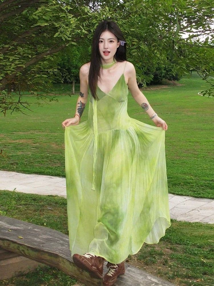 해변가 휴가 바람 작은 대중 Chic 홀치기 염색 슬립 여성 드레스 여름 녹색 신선함 품격 빅 플레어 스커트 롱 스커트 상세 이미지 9
