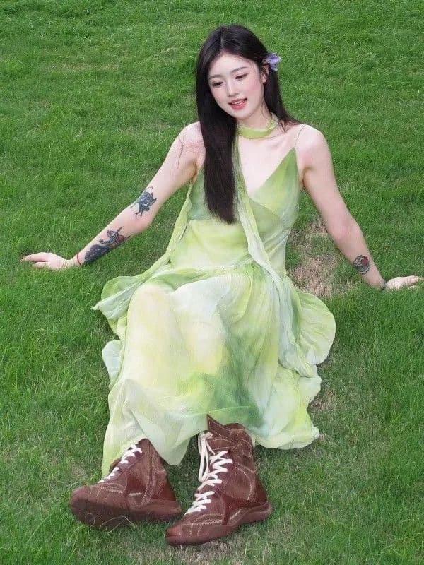 해변가 휴가 바람 작은 대중 Chic 홀치기 염색 슬립 여성 드레스 여름 녹색 신선함 품격 빅 플레어 스커트 롱 스커트 상세 이미지 10