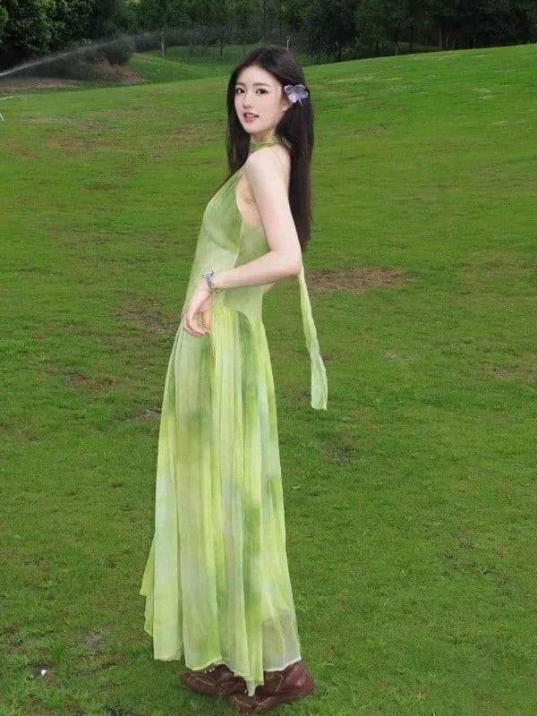 해변가 휴가 바람 작은 대중 Chic 홀치기 염색 슬립 여성 드레스 여름 녹색 신선함 품격 빅 플레어 스커트 롱 스커트 상세 이미지 11