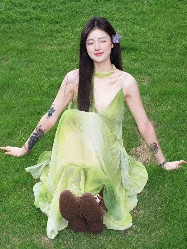 해변가 휴가 바람 작은 대중 Chic 홀치기 염색 슬립 여성 드레스 여름 녹색 신선함 품격 빅 플레어 스커트 롱 스커트 상세 이미지 12