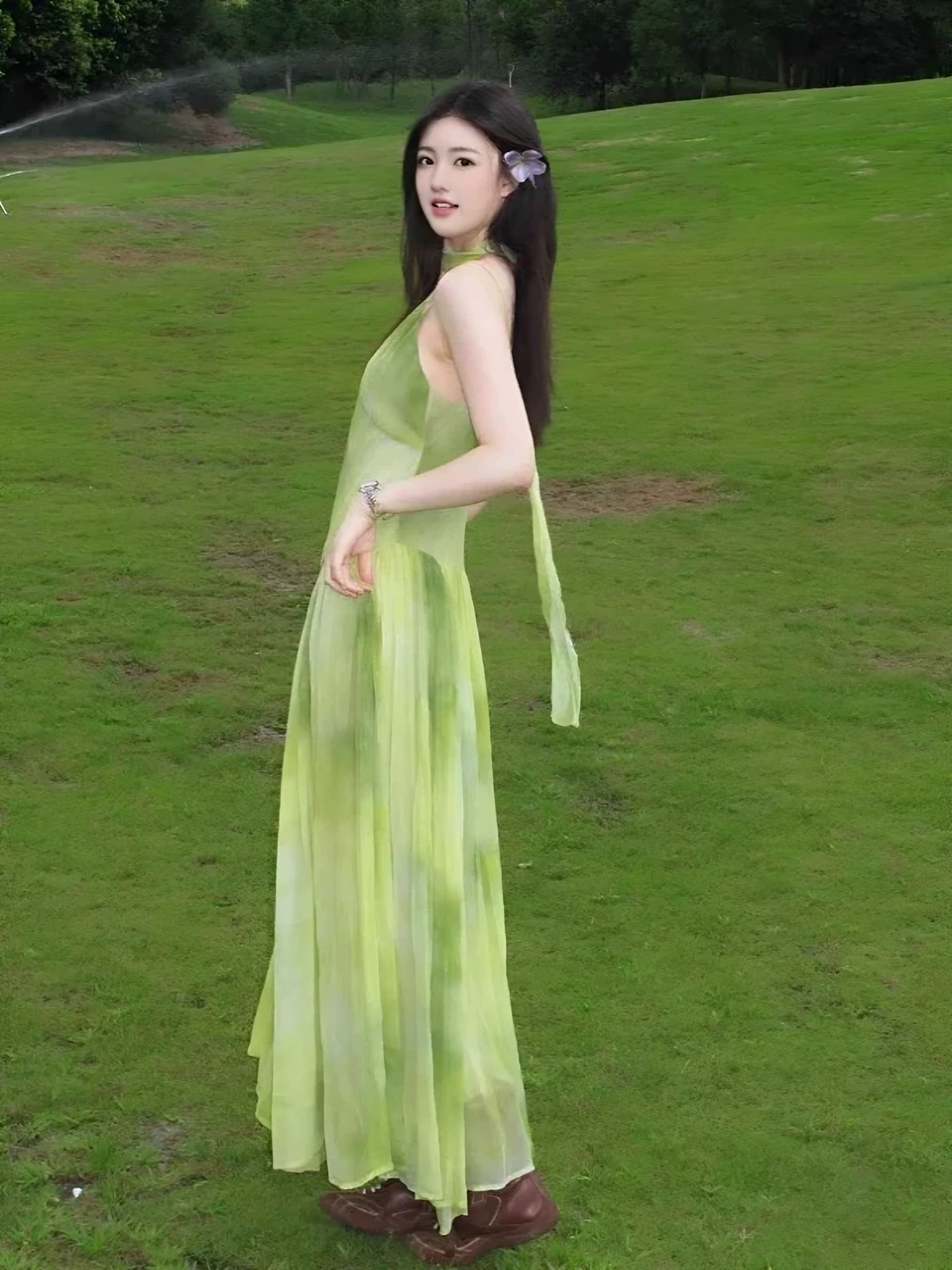 해변가 휴가 바람 작은 대중 Chic 홀치기 염색 슬립 여성 드레스 여름 녹색 신선함 품격 빅 플레어 스커트 롱 스커트 상세 이미지 13