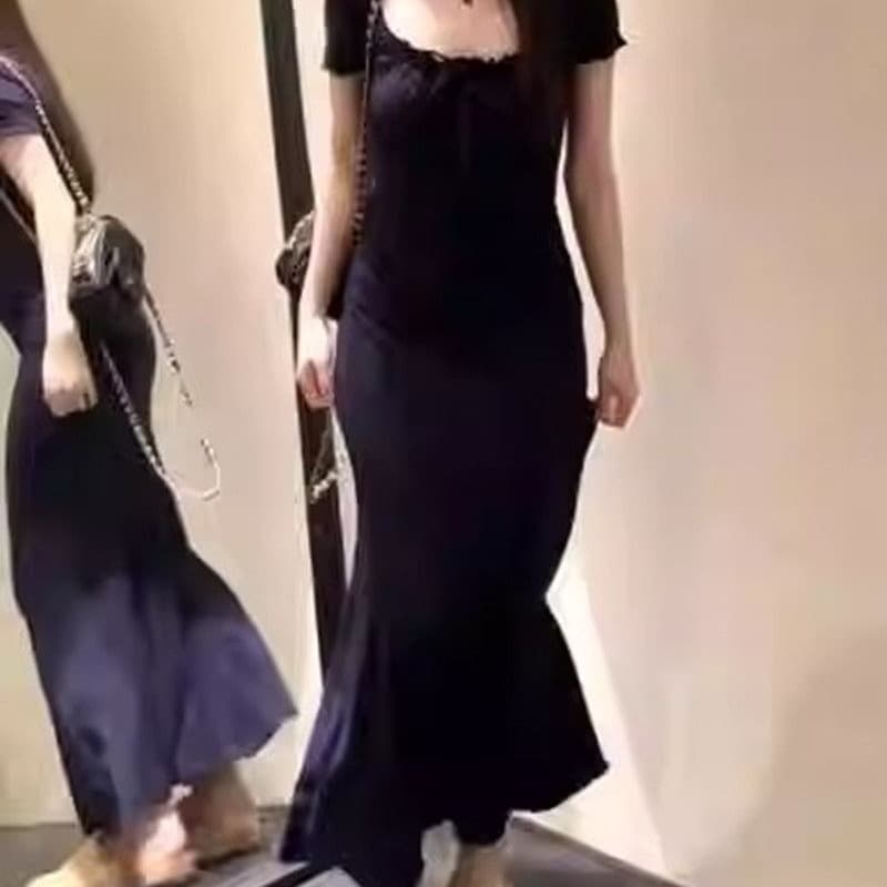 블루 색상 광장 칼라 드레스 2026 여성 여름 핫걸 몸매 가꾸기 허리 수축 순수한 욕망 작은 엄마 바람 타이트 스커트 인어 꼬리 롱 스커트 이미지 5