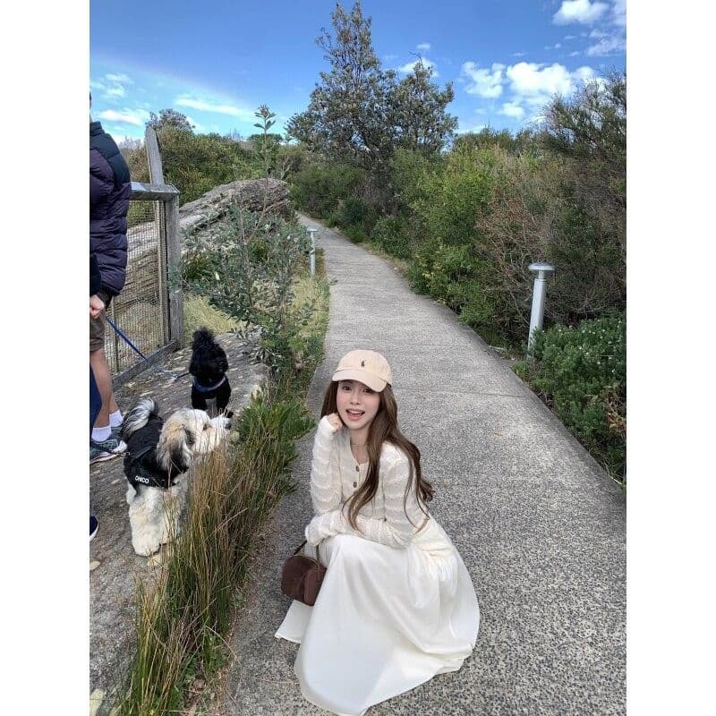 봄과 가을 품격 전체 집합 ootd 착용 가져 가라. 여성 작은 샤넬 스타일 스트라이프 니트 오픈 가디건 하이웨이스트 도루 센스 반신 롱 스커트 이미지 2