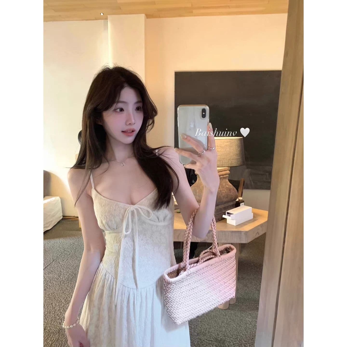 프랑스식 화이트 자카드 자외선 차단 니트 오픈 가디건 여성 여름 휴가 바람 세트 슬립 드레스 롱 스커트 투피스 세트