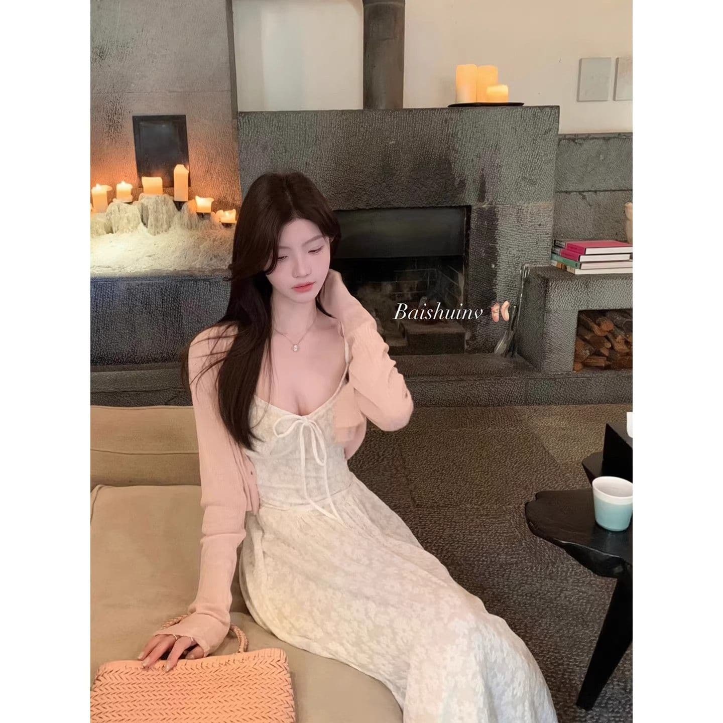 프랑스식 화이트 자카드 자외선 차단 니트 오픈 가디건 여성 여름 휴가 바람 세트 슬립 드레스 롱 스커트 투피스 세트 이미지 3