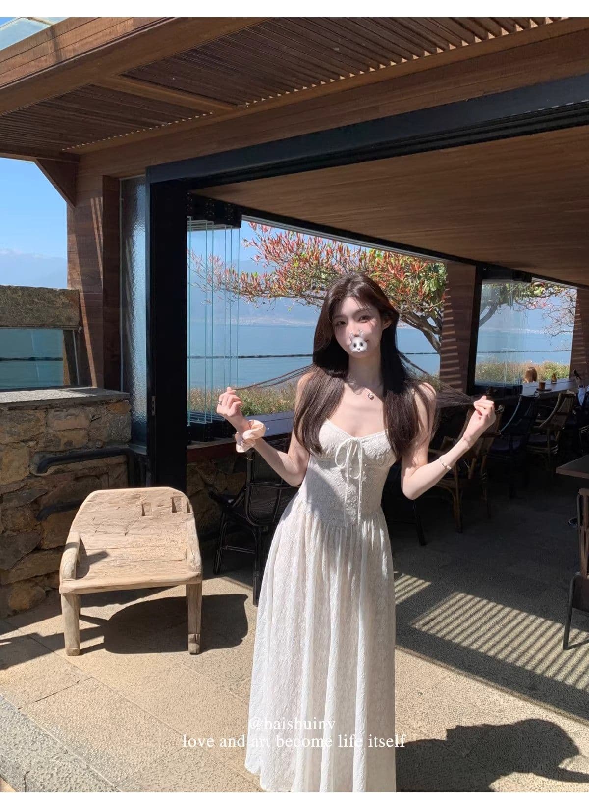프랑스식 화이트 자카드 자외선 차단 니트 오픈 가디건 여성 여름 휴가 바람 세트 슬립 드레스 롱 스커트 투피스 세트 상세 이미지 8