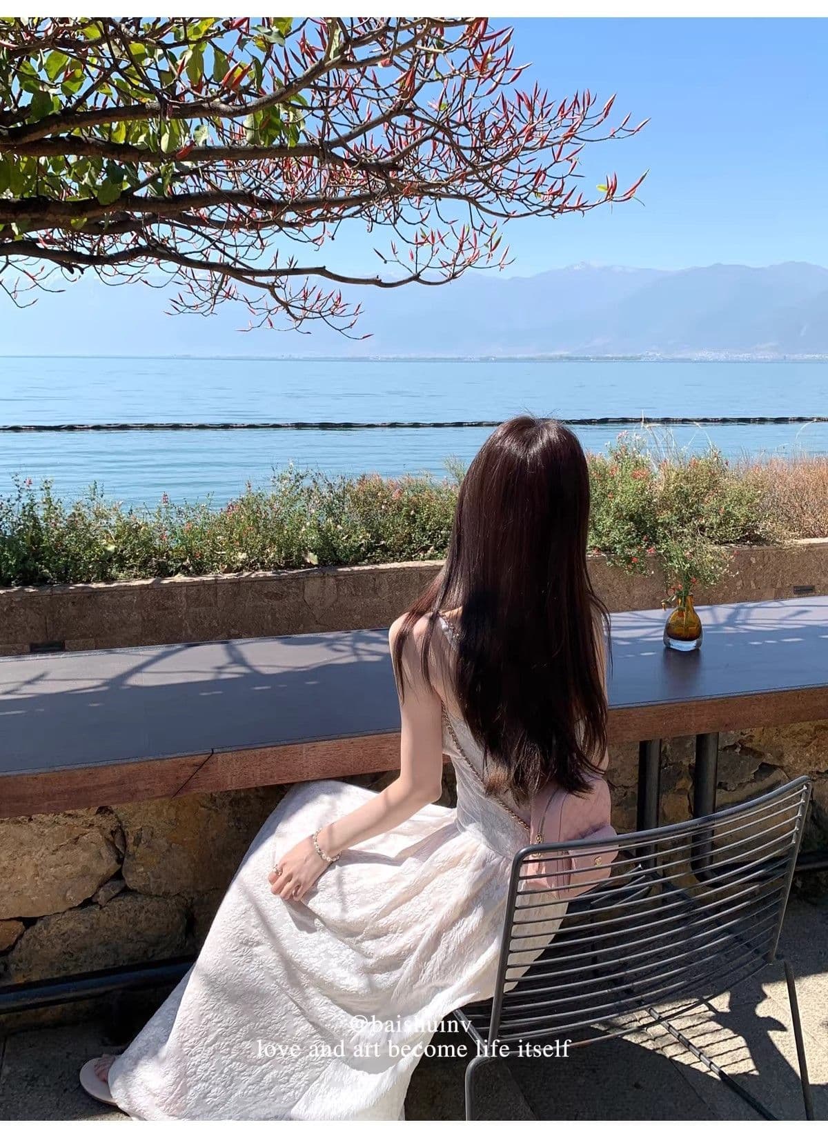 프랑스식 화이트 자카드 자외선 차단 니트 오픈 가디건 여성 여름 휴가 바람 세트 슬립 드레스 롱 스커트 투피스 세트 상세 이미지 9