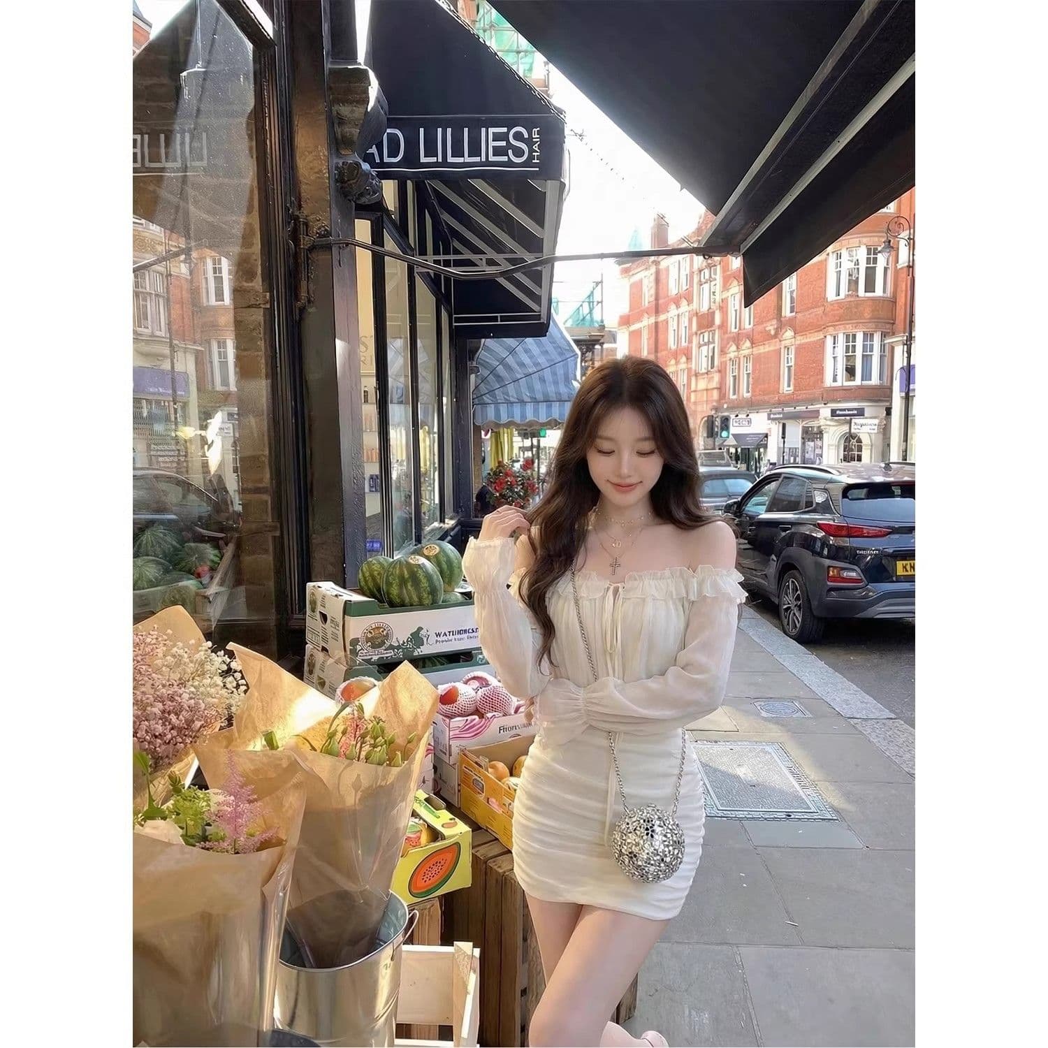 순수한 욕망 바람 오프숄더 봄 주름 여성 드레스 이른 봄 새로운 프릴 몸매 가꾸기 슬림해 보이는 타이트 스커트 미니 스커트 이미지 4