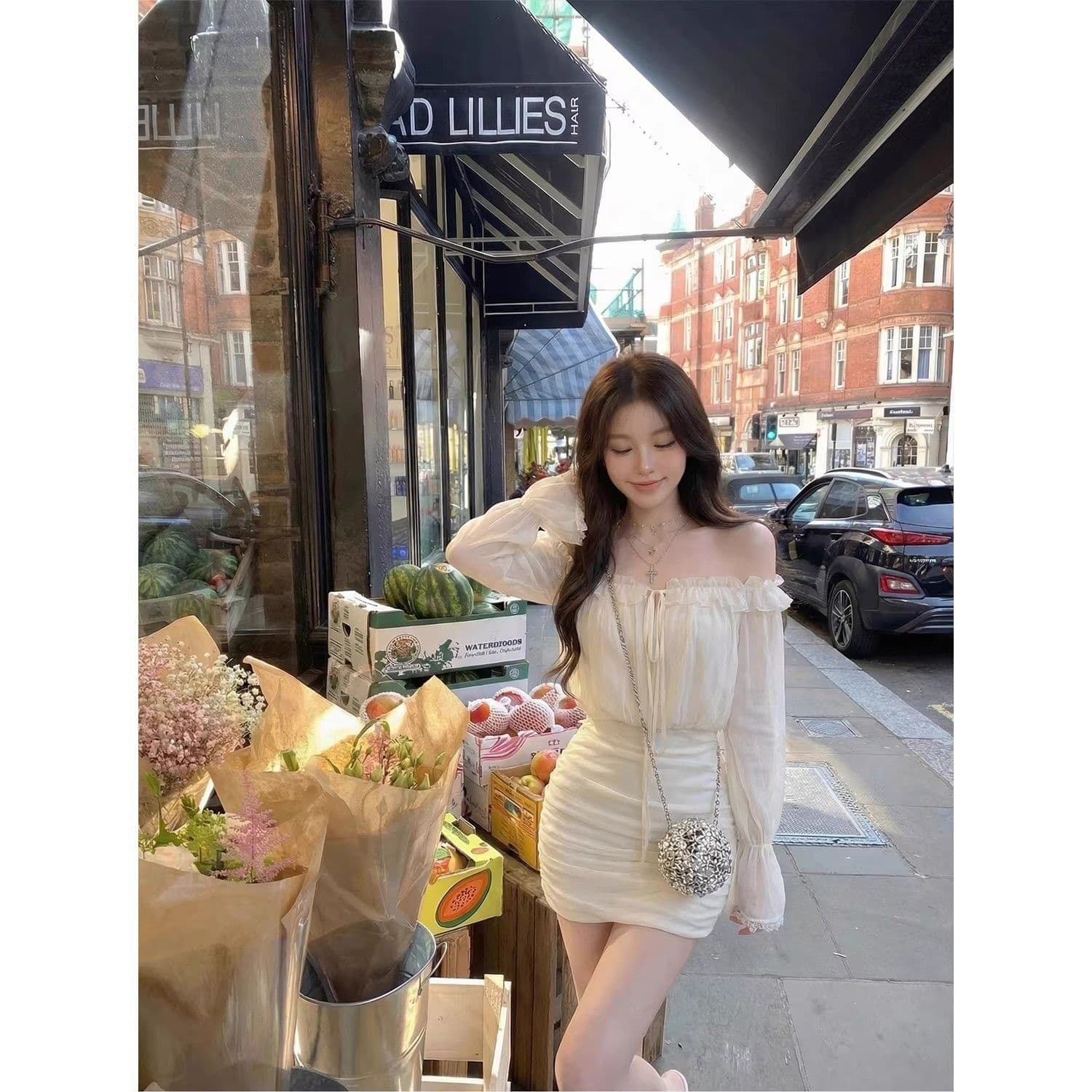 순수한 욕망 바람 오프숄더 봄 주름 여성 드레스 이른 봄 새로운 프릴 몸매 가꾸기 슬림해 보이는 타이트 스커트 미니 스커트 이미지 2