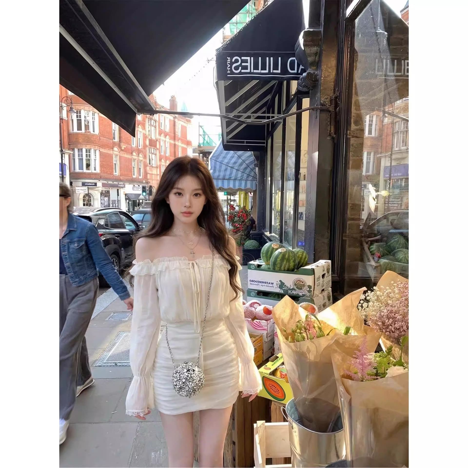 순수한 욕망 바람 오프숄더 봄 주름 여성 드레스 이른 봄 새로운 프릴 몸매 가꾸기 슬림해 보이는 타이트 스커트 미니 스커트