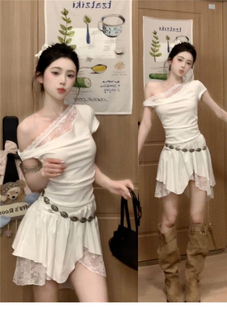 프랑스식 순수한 욕망 바람 비스듬한 어깨 레이스 조각 드레스 아이들 2026 여름 새로운 디자인 센스 불규칙 미니 스커트 상세 이미지 1