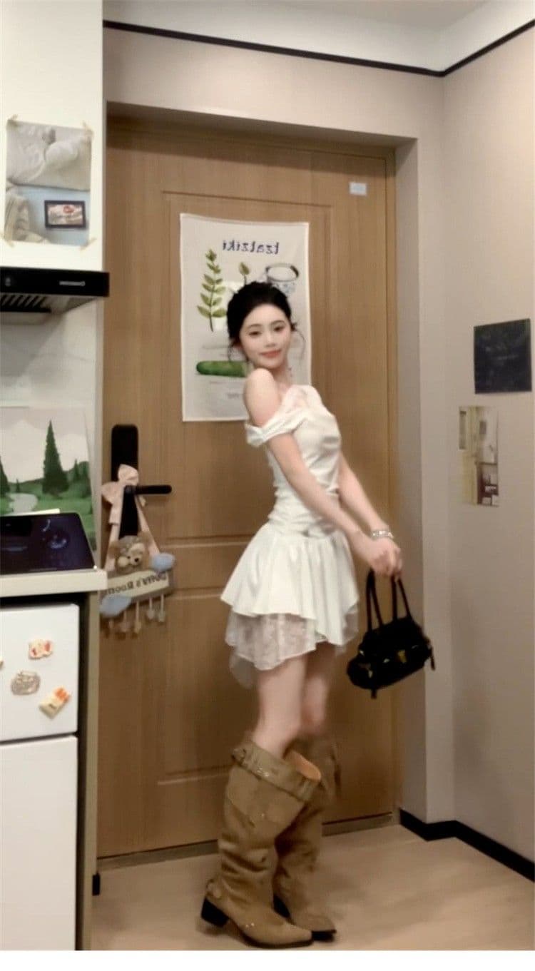 프랑스식 순수한 욕망 바람 비스듬한 어깨 레이스 조각 드레스 아이들 2026 여름 새로운 디자인 센스 불규칙 미니 스커트 상세 이미지 3