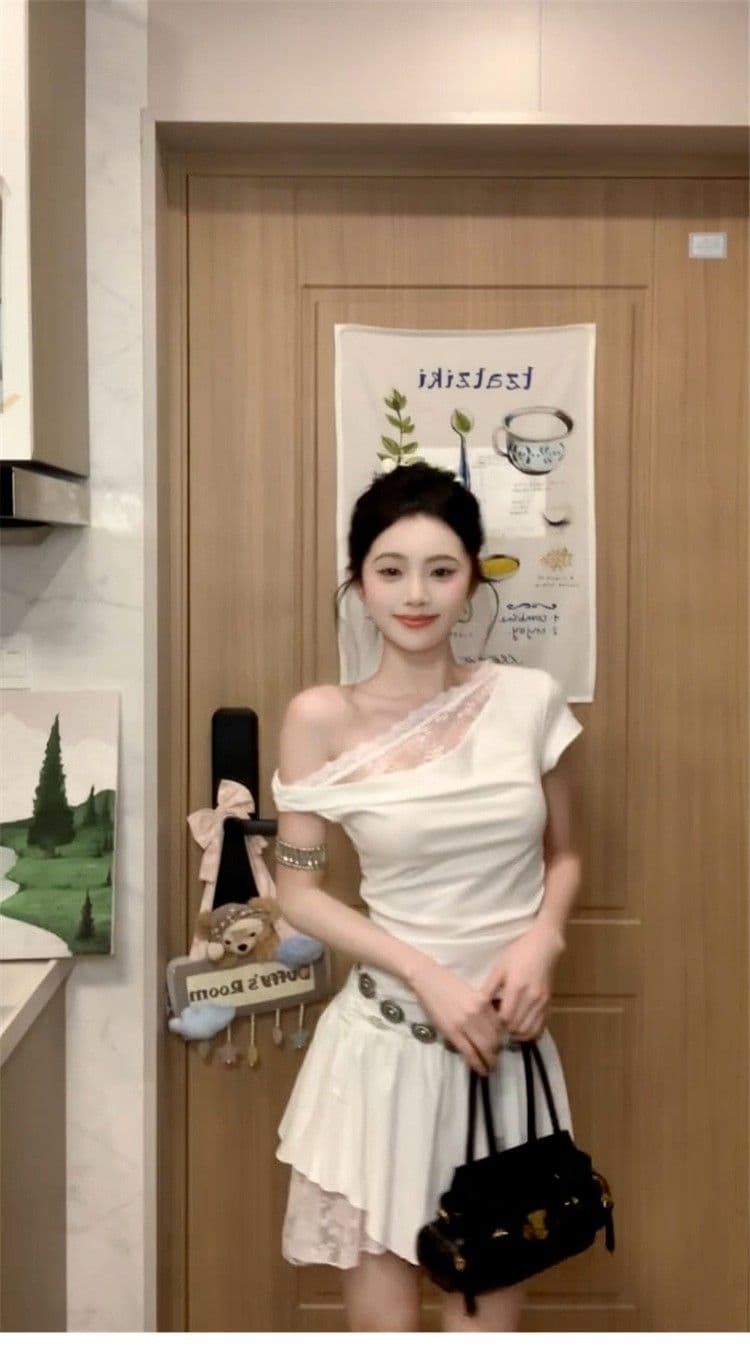 프랑스식 순수한 욕망 바람 비스듬한 어깨 레이스 조각 드레스 아이들 2026 여름 새로운 디자인 센스 불규칙 미니 스커트 상세 이미지 5