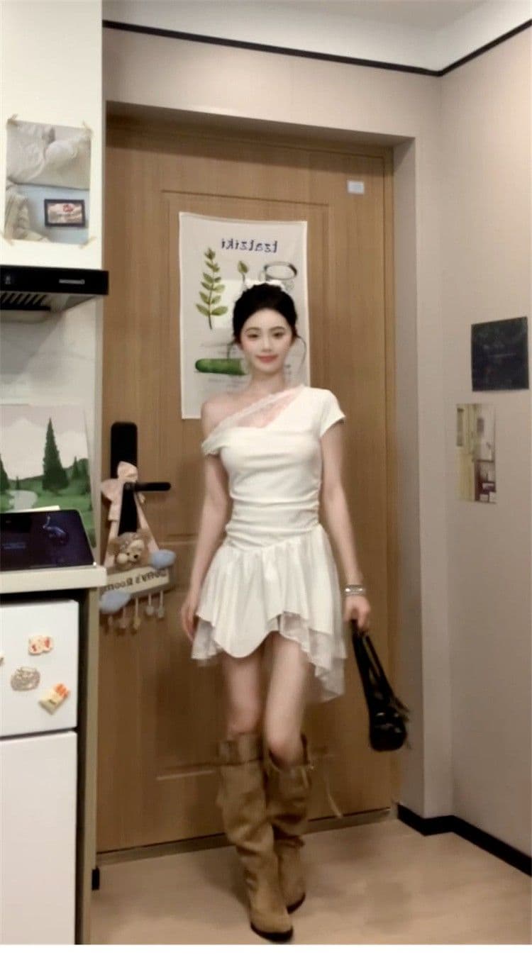 프랑스식 순수한 욕망 바람 비스듬한 어깨 레이스 조각 드레스 아이들 2026 여름 새로운 디자인 센스 불규칙 미니 스커트 상세 이미지 6