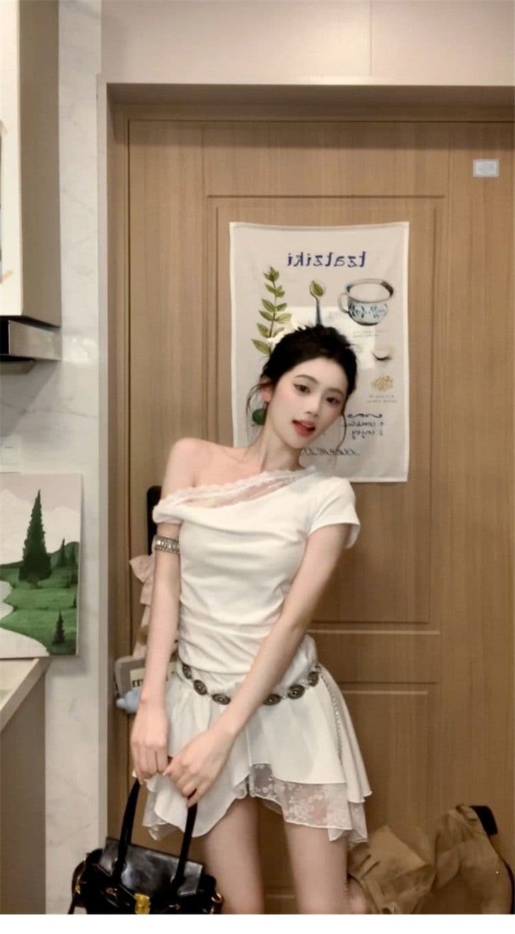 프랑스식 순수한 욕망 바람 비스듬한 어깨 레이스 조각 드레스 아이들 2026 여름 새로운 디자인 센스 불규칙 미니 스커트 상세 이미지 7