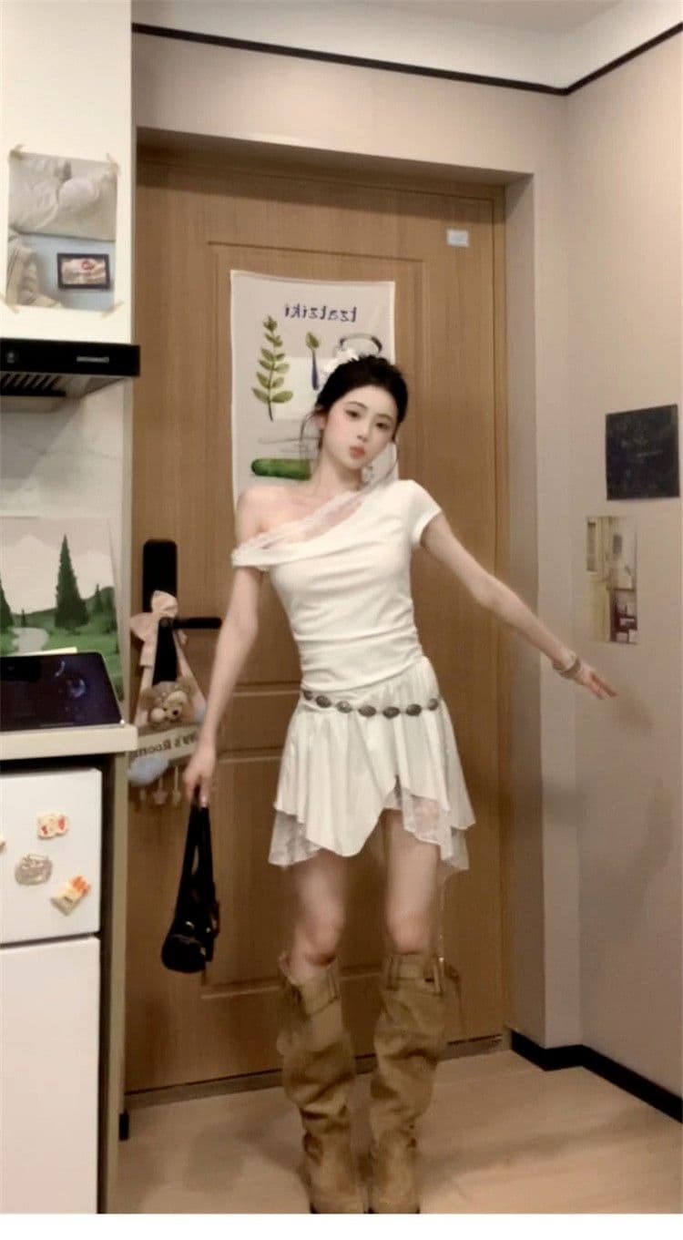 프랑스식 순수한 욕망 바람 비스듬한 어깨 레이스 조각 드레스 아이들 2026 여름 새로운 디자인 센스 불규칙 미니 스커트 상세 이미지 8