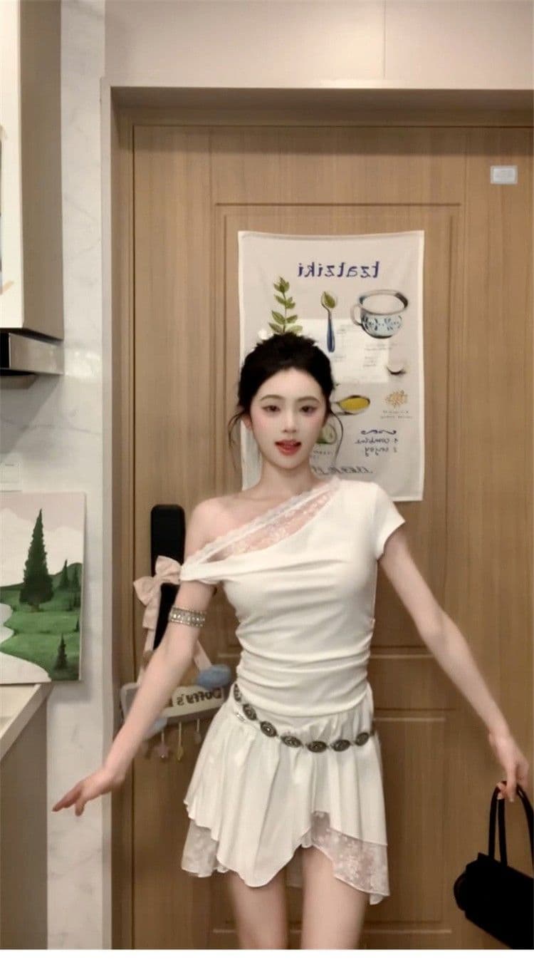프랑스식 순수한 욕망 바람 비스듬한 어깨 레이스 조각 드레스 아이들 2026 여름 새로운 디자인 센스 불규칙 미니 스커트 상세 이미지 9