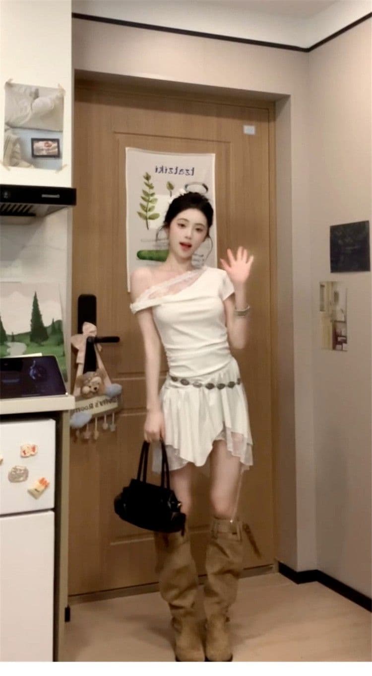 프랑스식 순수한 욕망 바람 비스듬한 어깨 레이스 조각 드레스 아이들 2026 여름 새로운 디자인 센스 불규칙 미니 스커트 상세 이미지 10