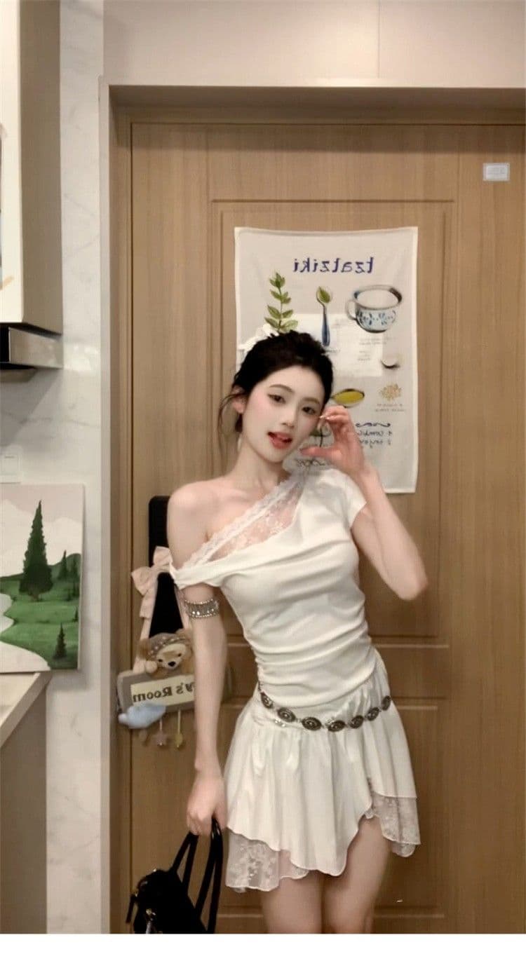 프랑스식 순수한 욕망 바람 비스듬한 어깨 레이스 조각 드레스 아이들 2026 여름 새로운 디자인 센스 불규칙 미니 스커트 상세 이미지 11