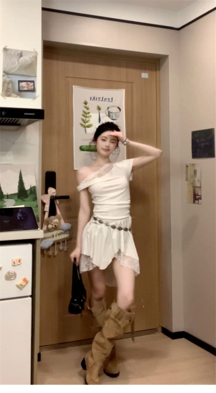 프랑스식 순수한 욕망 바람 비스듬한 어깨 레이스 조각 드레스 아이들 2026 여름 새로운 디자인 센스 불규칙 미니 스커트 상세 이미지 12