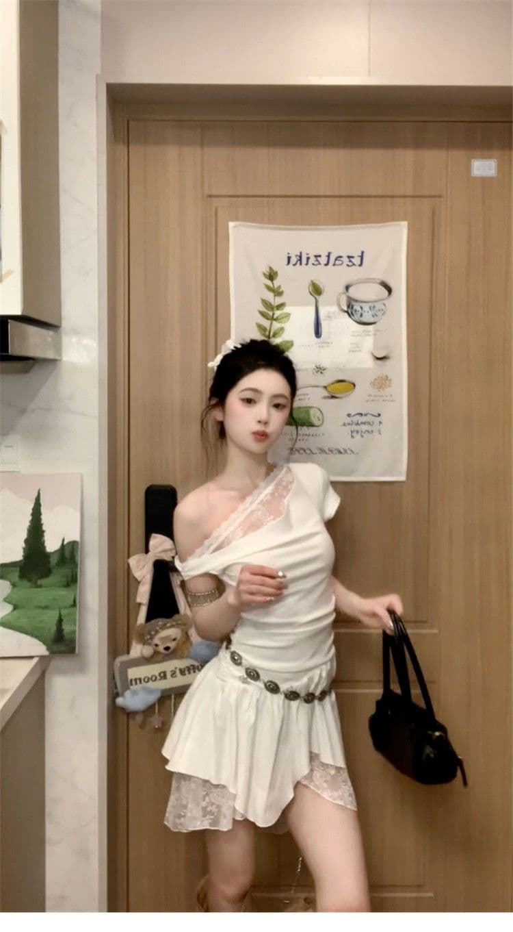 프랑스식 순수한 욕망 바람 비스듬한 어깨 레이스 조각 드레스 아이들 2026 여름 새로운 디자인 센스 불규칙 미니 스커트 상세 이미지 13