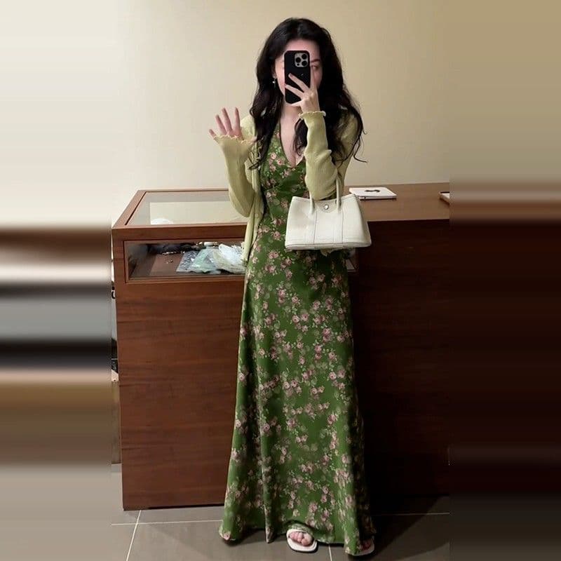 레트로 녹색 꽃무늬 행침 목 여성 드레스 여름 프랑스식 휴가 바람 치마 V넥 허리 수축 품격 한 마디 롱 스커트 이미지 3