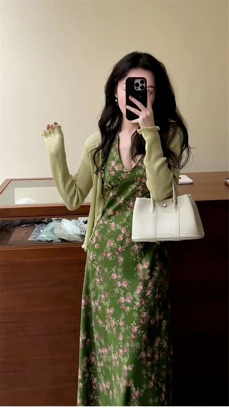 레트로 녹색 꽃무늬 행침 목 여성 드레스 여름 프랑스식 휴가 바람 치마 V넥 허리 수축 품격 한 마디 롱 스커트 상세 이미지 4