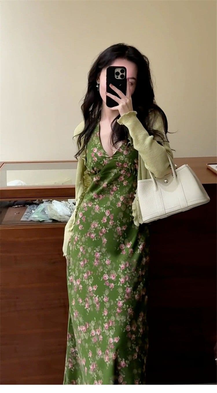 레트로 녹색 꽃무늬 행침 목 여성 드레스 여름 프랑스식 휴가 바람 치마 V넥 허리 수축 품격 한 마디 롱 스커트 상세 이미지 5