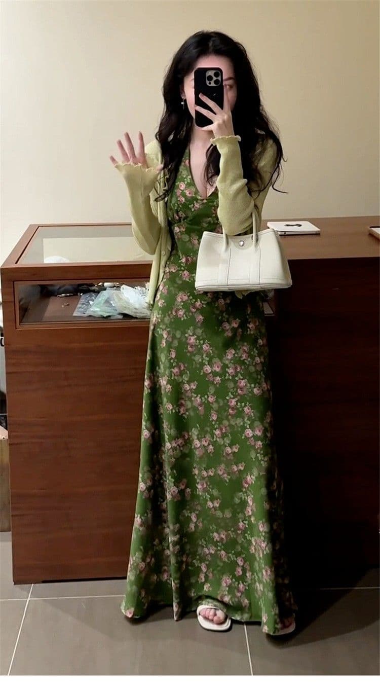레트로 녹색 꽃무늬 행침 목 여성 드레스 여름 프랑스식 휴가 바람 치마 V넥 허리 수축 품격 한 마디 롱 스커트 상세 이미지 8