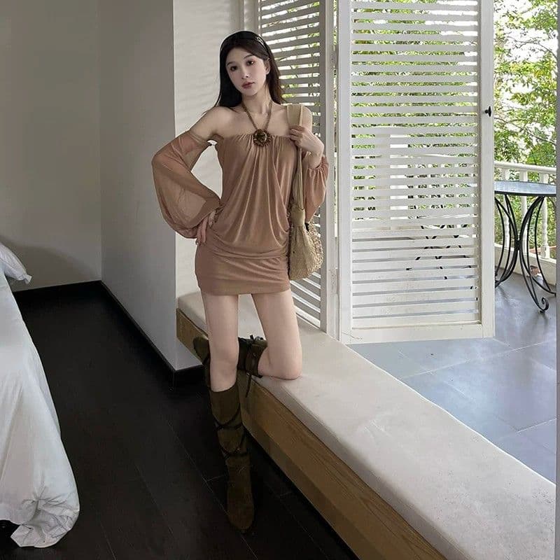 오프숄더 순수한 욕망 행침 목 긴팔 여성 드레스 가을 슬림해 보이는 허리 수축 치마 핫걸 바람 몸매 가꾸기 타이트 스커트 미니 스커트 상세 이미지 8