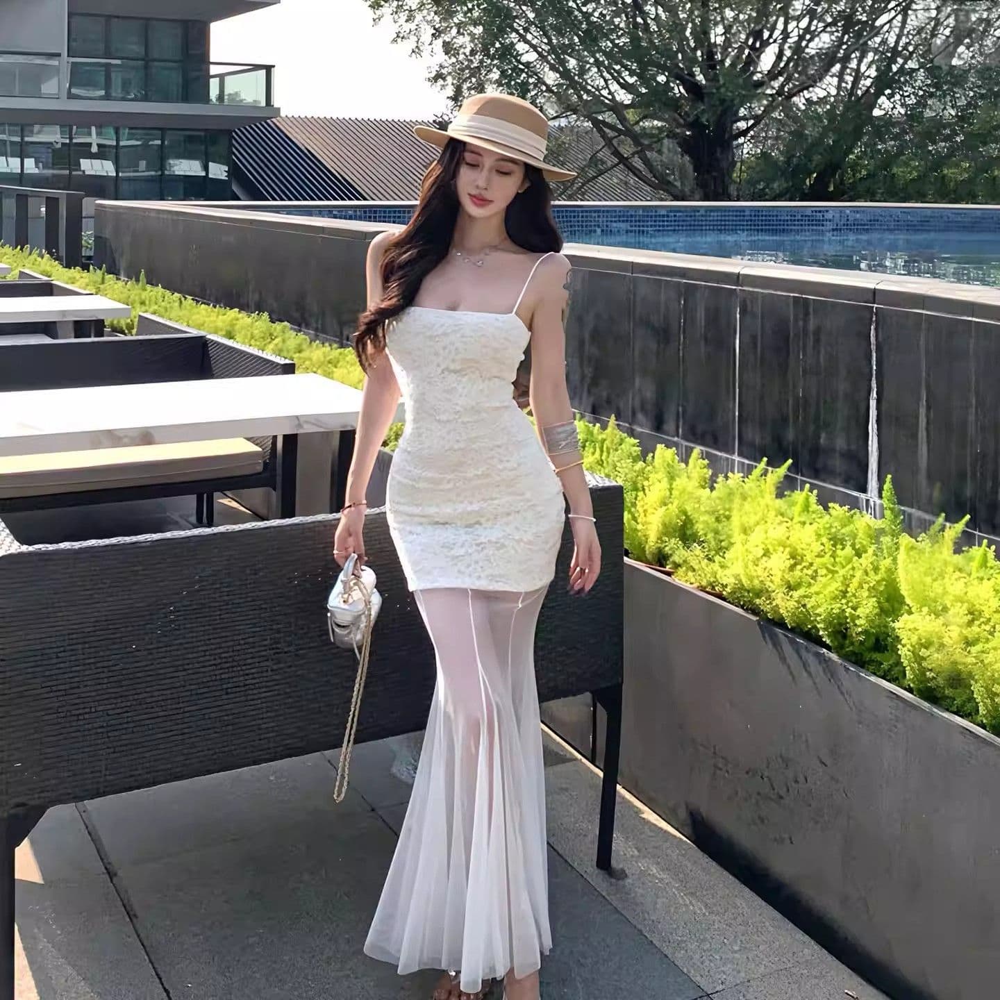 망사 패치워크 화이트 슬립 여성 드레스 여름 레이스 치마 순수한 욕망 바람 허리 수축 인어 꼬리 치마 타이트 스커트 롱 스커트