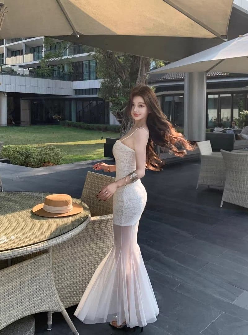 망사 패치워크 화이트 슬립 여성 드레스 여름 레이스 치마 순수한 욕망 바람 허리 수축 인어 꼬리 치마 타이트 스커트 롱 스커트 상세 이미지 9