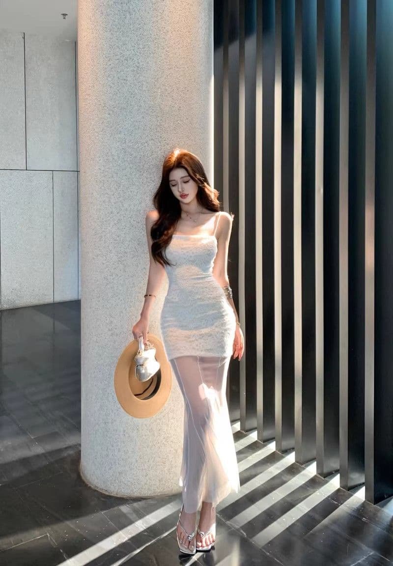 망사 패치워크 화이트 슬립 여성 드레스 여름 레이스 치마 순수한 욕망 바람 허리 수축 인어 꼬리 치마 타이트 스커트 롱 스커트 상세 이미지 12