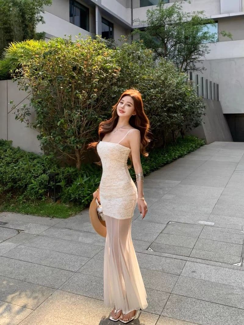 망사 패치워크 화이트 슬립 여성 드레스 여름 레이스 치마 순수한 욕망 바람 허리 수축 인어 꼬리 치마 타이트 스커트 롱 스커트 상세 이미지 14