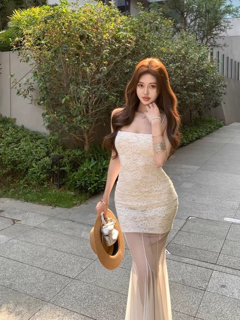 망사 패치워크 화이트 슬립 여성 드레스 여름 레이스 치마 순수한 욕망 바람 허리 수축 인어 꼬리 치마 타이트 스커트 롱 스커트 상세 이미지 15