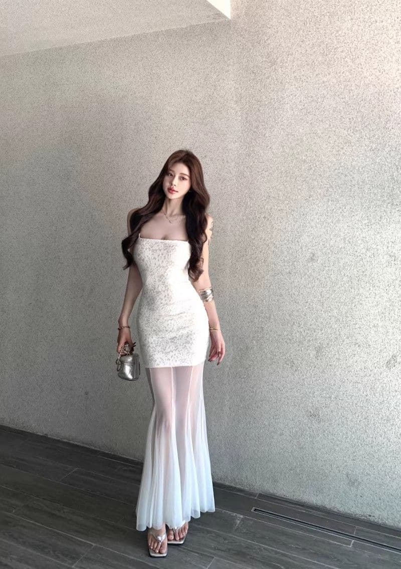 망사 패치워크 화이트 슬립 여성 드레스 여름 레이스 치마 순수한 욕망 바람 허리 수축 인어 꼬리 치마 타이트 스커트 롱 스커트 상세 이미지 17