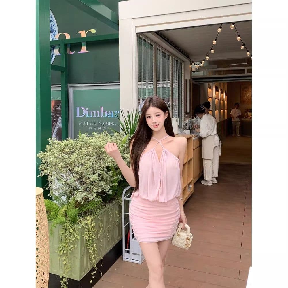 순수한 욕망 핫걸 섹시함 오프숄더 홀로우 아웃 Chic 망사 슬립 드레스 ins 여름 새로운 주름 타이트 스커트 미니 스커트 여성 이미지 5