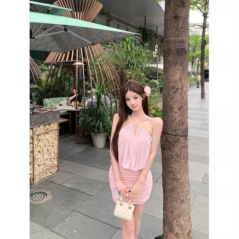 순수한 욕망 핫걸 섹시함 오프숄더 홀로우 아웃 Chic 망사 슬립 드레스 ins 여름 새로운 주름 타이트 스커트 미니 스커트 여성 이미지 4