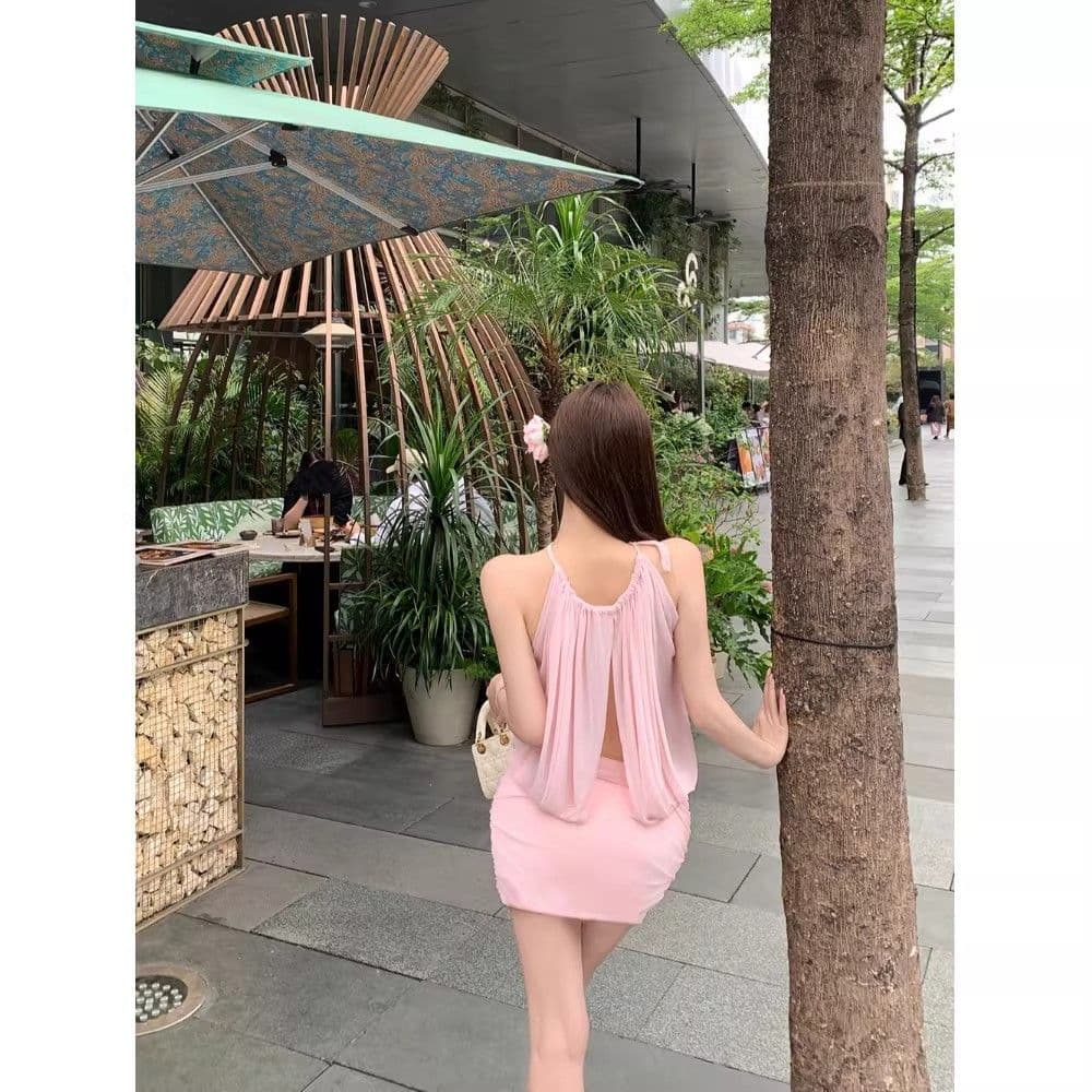 순수한 욕망 핫걸 섹시함 오프숄더 홀로우 아웃 Chic 망사 슬립 드레스 ins 여름 새로운 주름 타이트 스커트 미니 스커트 여성 이미지 3