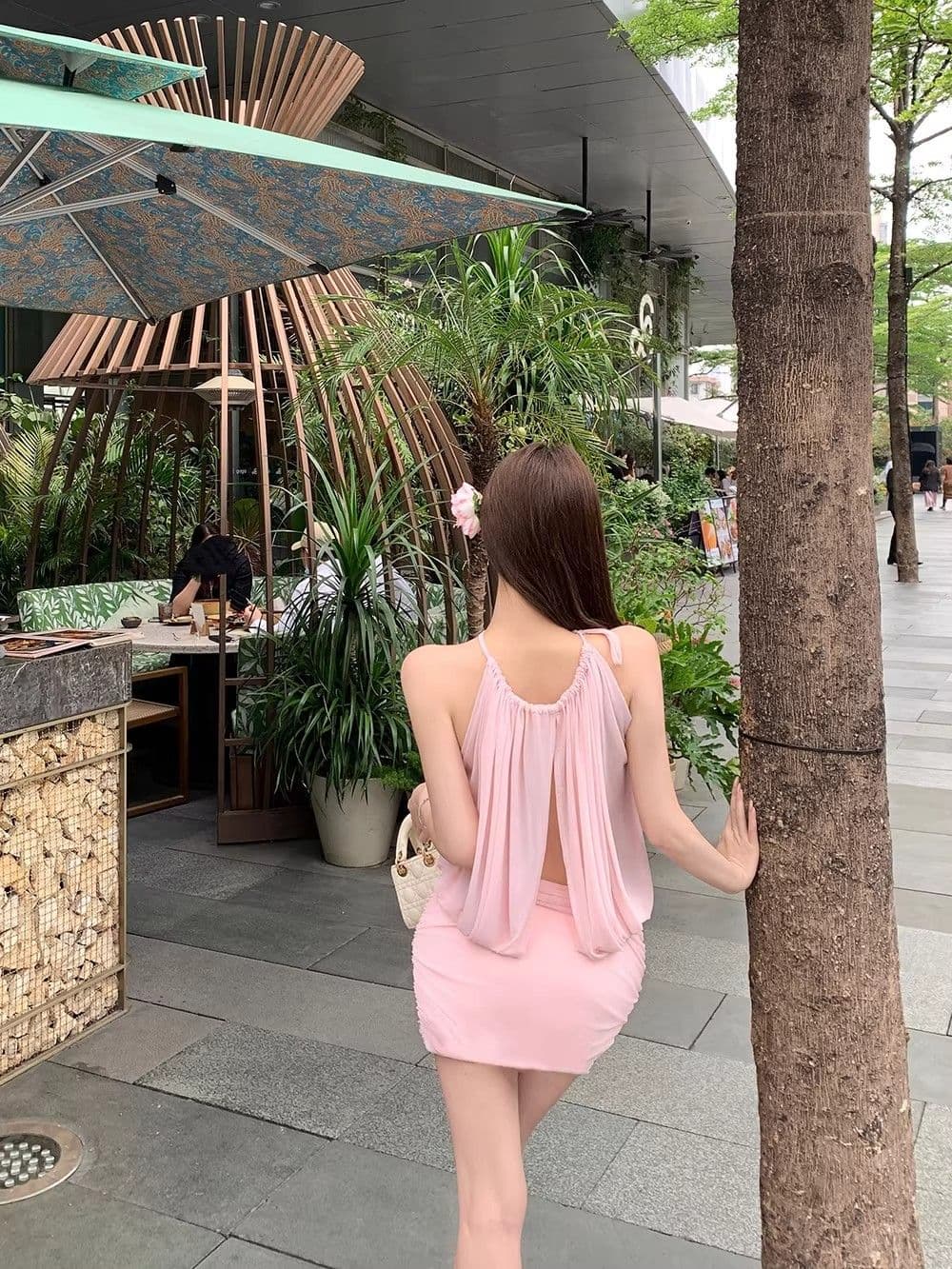 순수한 욕망 핫걸 섹시함 오프숄더 홀로우 아웃 Chic 망사 슬립 드레스 ins 여름 새로운 주름 타이트 스커트 미니 스커트 여성 상세 이미지 2