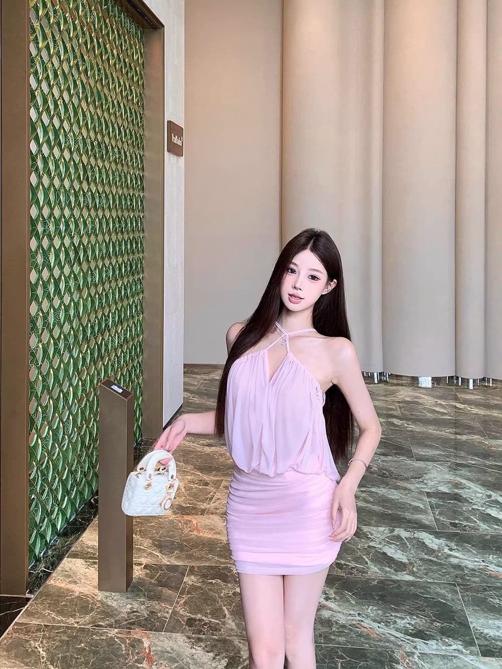 순수한 욕망 핫걸 섹시함 오프숄더 홀로우 아웃 Chic 망사 슬립 드레스 ins 여름 새로운 주름 타이트 스커트 미니 스커트 여성 상세 이미지 4