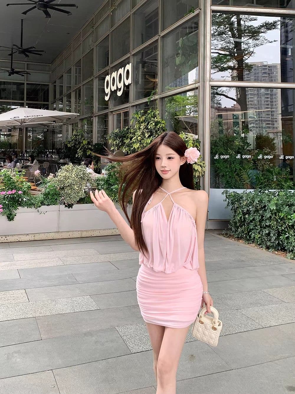 순수한 욕망 핫걸 섹시함 오프숄더 홀로우 아웃 Chic 망사 슬립 드레스 ins 여름 새로운 주름 타이트 스커트 미니 스커트 여성 상세 이미지 12